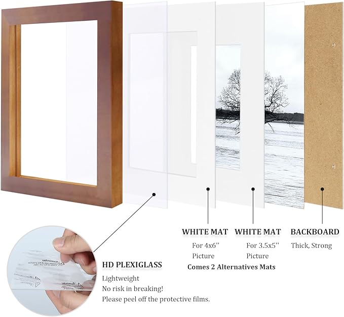 Egofine 5x7 Picture Frames 4 Pack Made of Solid Wood Covered by Plexiglass Matted for 4x6 or 3.5x5 for Table Top Display and Wall Mounting Photo Frame, Light Brown