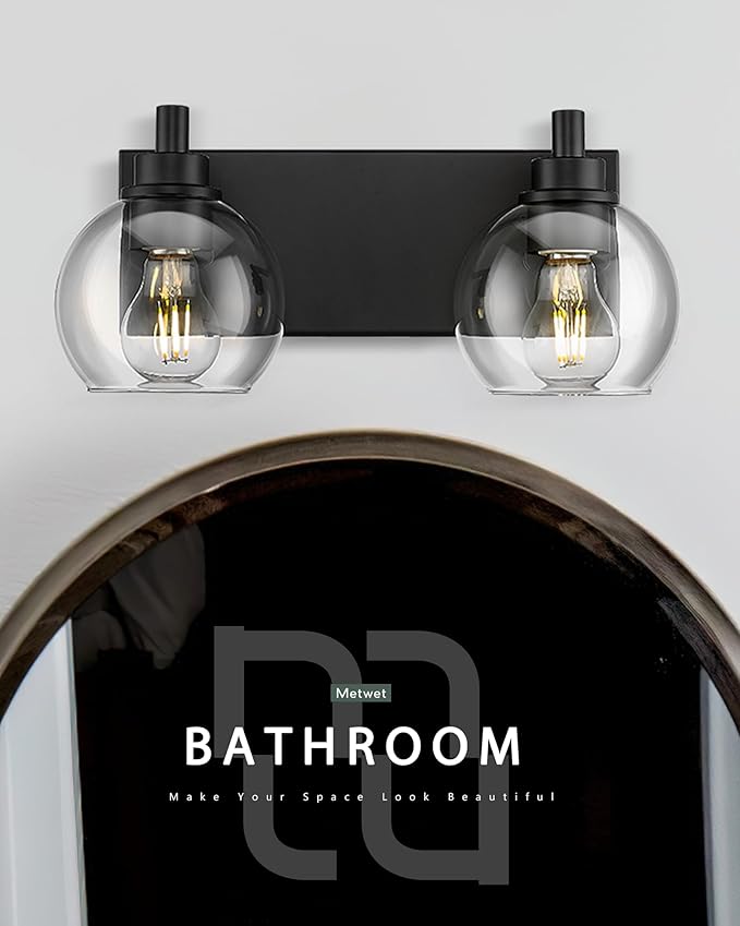 Bathroom Light Fixtures, 2 Light Matte Black Vanity Light, Modern Wall Sconces with Clear Glass Globe Shade, Bathroom Wall Lights Over Mirror Kitchen Bedroom Hallway, VL195-MB-2