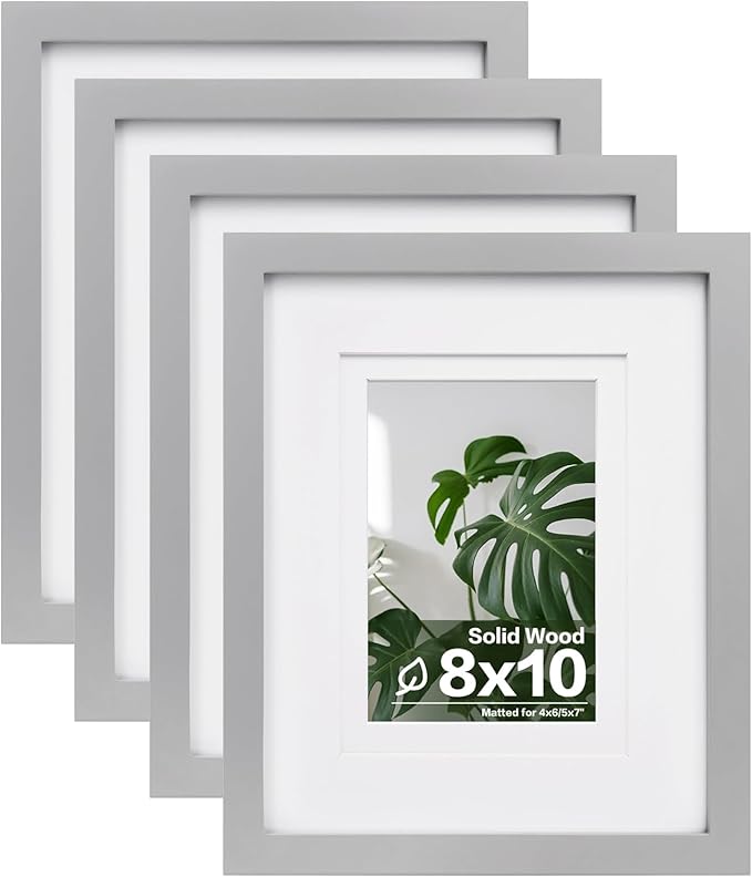 Egofine 8x10 Picture Frames 4 Pack Solid Wood Frames Covered by Plexiglass for Pictures 4x6 or 5x7 with Mat or 8x10 Without Mat, Photo Frames for Table Top and Wall Display, Light Gray