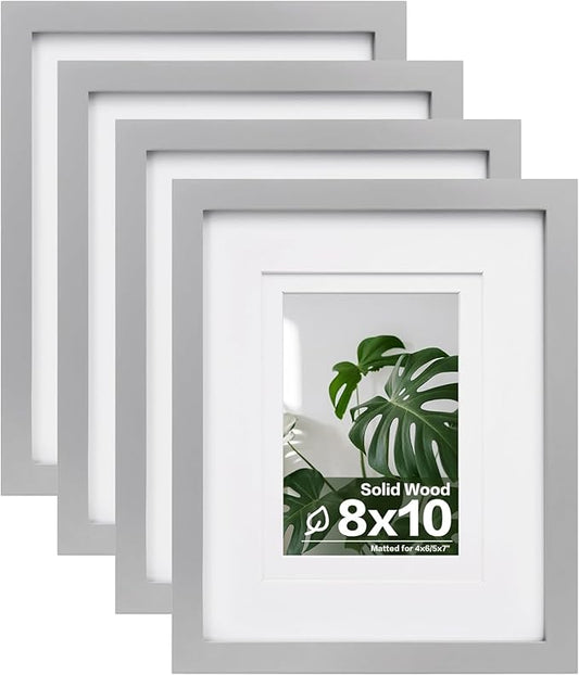 Egofine 8x10 Picture Frames 4 Pack Solid Wood Frames Covered by Plexiglass for Pictures 4x6 or 5x7 with Mat or 8x10 Without Mat, Photo Frames for Table Top and Wall Display, Light Gray