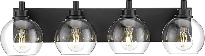 Bathroom Light Fixtures, 4 Light Matte Black Vanity Light, 26 Inch Modern Wall Sconces with Globe Clear Glass Shade, Vanity Lighting Fixtures Over Mirror, VL195-MB-CL-4