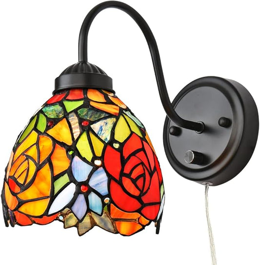 Tiffany Bedside Wall Mount Lamp with Dimmable Switch, Industrial Vintage Gooseneck Wall Sconce with Plug in Cord, Rose Stained Glass Shade Wall Light Perfect for Bedroom, Living Room and Hotel