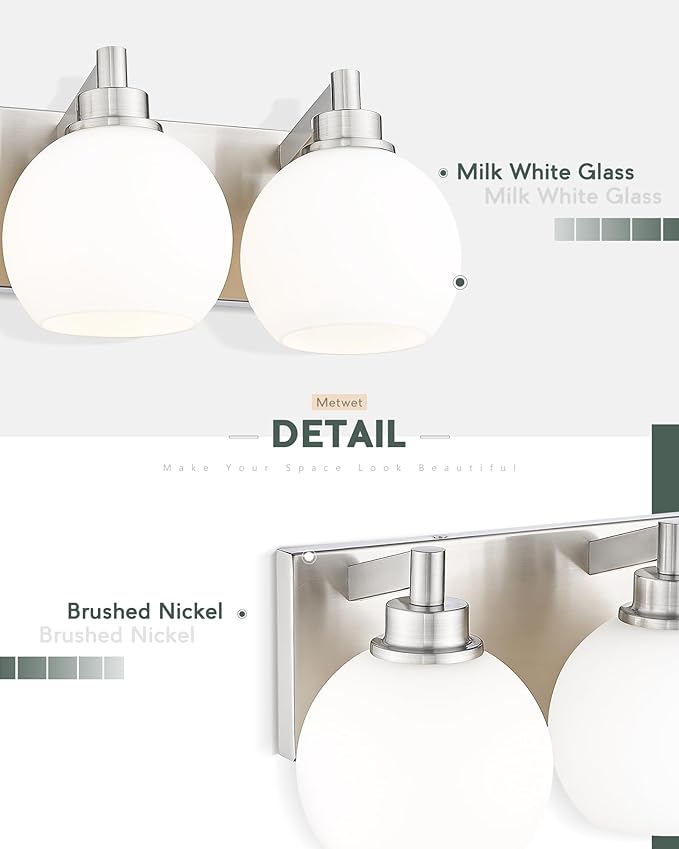 Bathroom Light Fixtures, 3-Light Brushed Nickel Vanity Light, Modern Wall Sconces with Milk White Globe Glass Shade, Vanity Lighting Fixtures Over Mirror, VL195-BN-ML-3