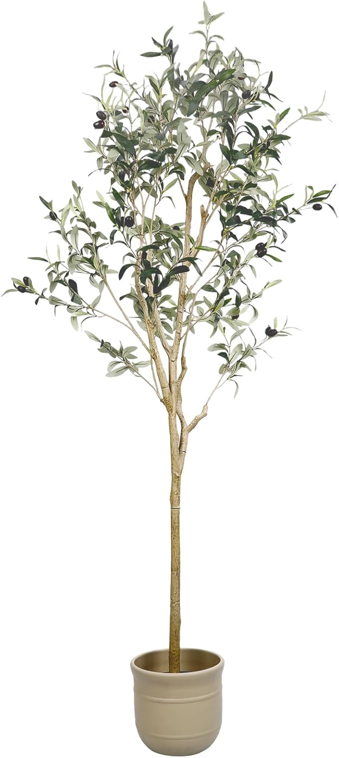 Artificial Olive Tree 6 ft, 71 Inch Faux Olive Tree with White Planter, Natural Olive Branches and Realistic Leaves for Modern Home Office Living Room Floor Decor