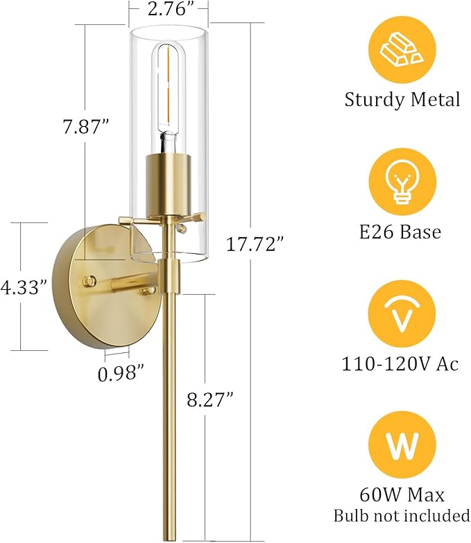 Wall Sconce Set of 2 Brass Wall Light, Farmhouse Vanity Light Fixture Modern Indoor Wall Light with Clear Glass Shade for Bathroom Bedroom Living Room Hallway Vanity