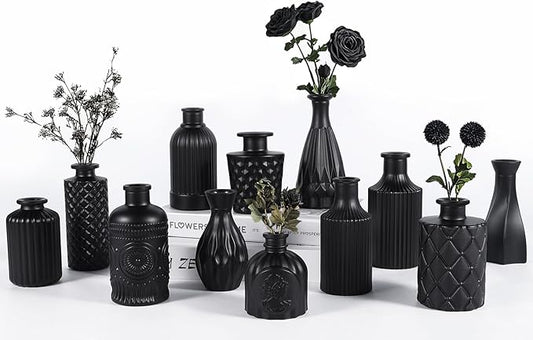 12pcs Glass Black Bud Vases Set, Small Vases for Flowers, Bud Vase for Centerpieces in Bulk, Mini Vintage Vase for Rustic Wedding Decorations, Office and Home Table Flower Décor