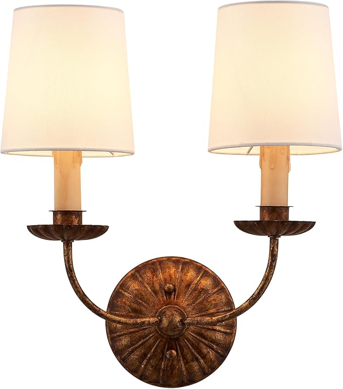 2-Lights Fabric Wall Sconces Antique Brushed Brass Wall Lights with Melted Candle Classic Mid Century Wall Lamp for Hallway Vanity Bedside Doorway, UL Listed