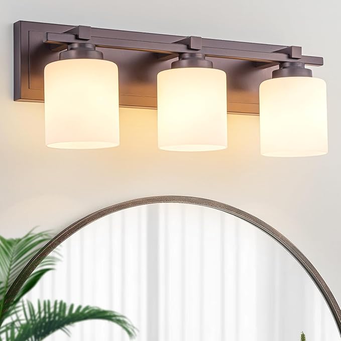 3 Light Modern Bathroom Light Fixtures Over Mirror, Bronze Finish Vanity Lights for Bathroom Wall Sconces with Milky White Glass Shades, E26 Socket (Bulbs Not Included)