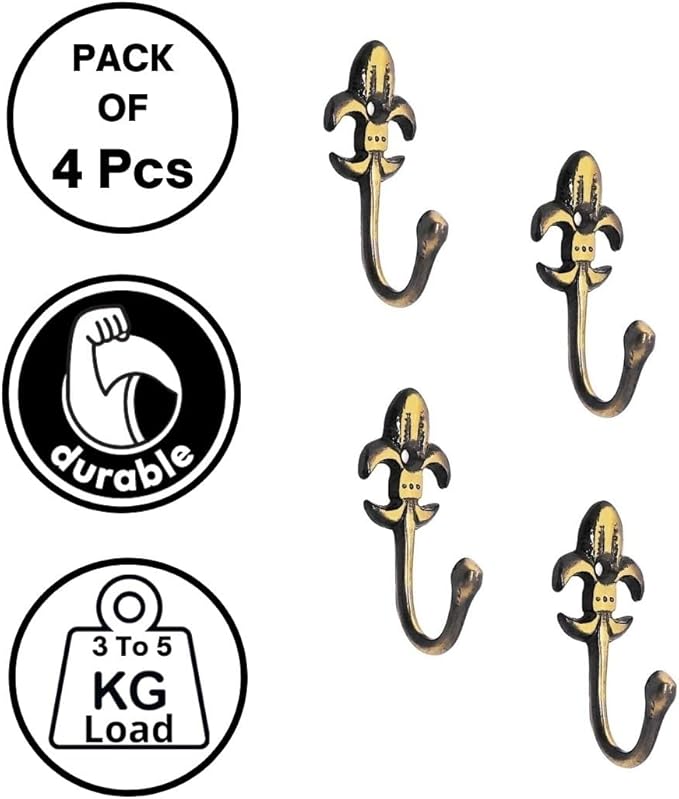 Multipurpose Hooks, Used to Hang Clothes, Bags, Coats, Curtain Hold Backs, Keys, Colour - Antique Gold, Material - Brass, Royal Design, Screws and Wallplugs Included, Pack of 4 Pieces
