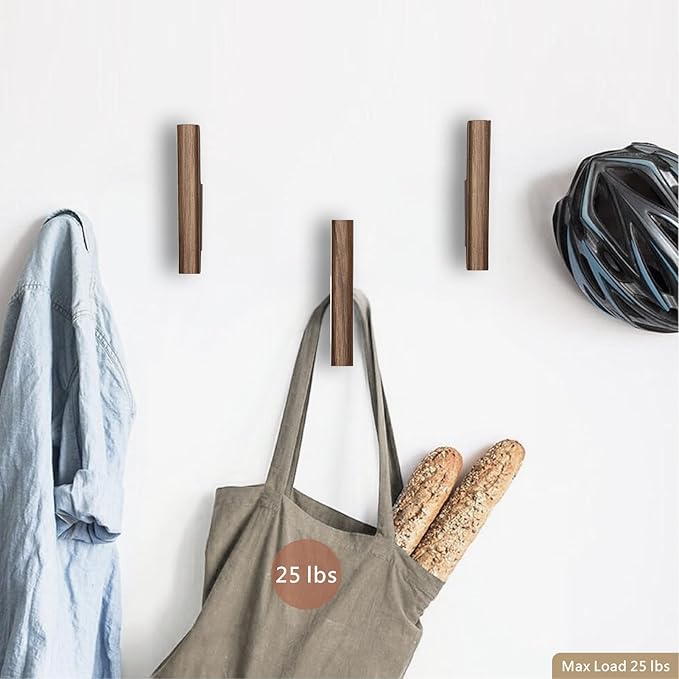 Wooden Wall Hooks 4 Pack Coat Hooks Mounted Walnut Wooden Hooks for Wall Hanging Hat, Towel, Bag, Backpack, Decorative Wood Heavy Duty Hook for Entryway and Bathroom (Walnut, Light)