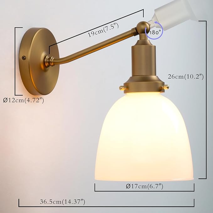 PERMO Industrial Vintage Slope Pole Wall Mount Single Sconce with 6.7" Oval Dome Milk White Glass Shade Wall Sconce Light Lamp Fixture