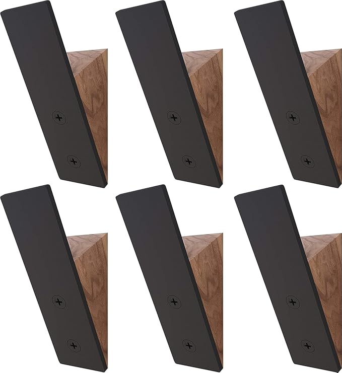 Homeforia Walnut Wood Coat Hooks, High End Walnut Wood & Black Metal Wall Mounted Coat Hooks, Mid-Century Modern Clothes Hooks, Heavy Duty Wooden Hooks for Hanging Coats, Hats, Towels & More, Set of 6