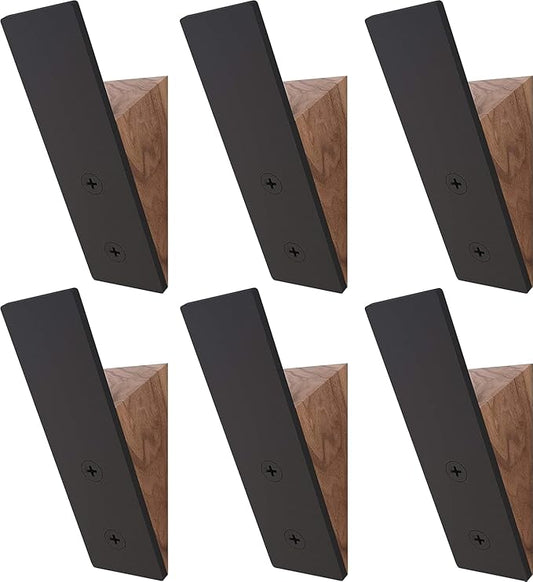 Homeforia Walnut Wood Coat Hooks, High End Walnut Wood & Black Metal Wall Mounted Coat Hooks, Mid-Century Modern Clothes Hooks, Heavy Duty Wooden Hooks for Hanging Coats, Hats, Towels & More, Set of 6