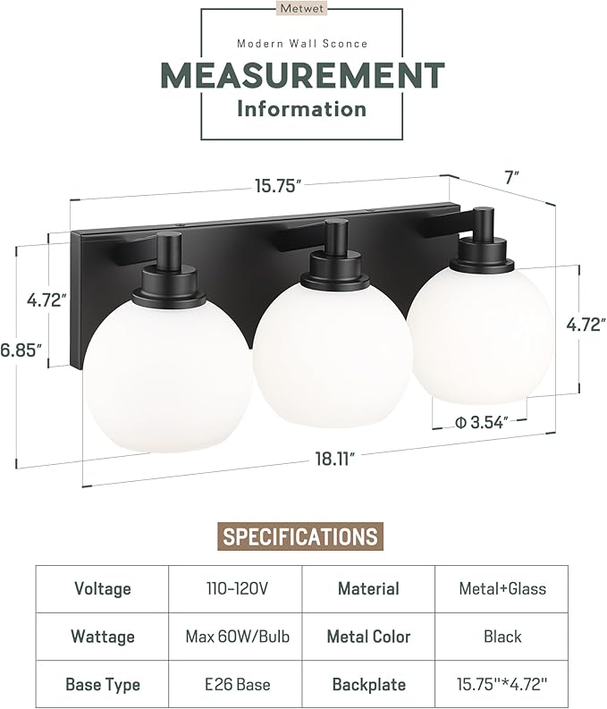 Bathroom Light Fixtures, 3-Light Matte Black Vanity Light, Modern Wall Sconces with Milk White Globe Glass Shade, Vanity Lighting Fixtures Over Mirror, VL195-MB-ML-3