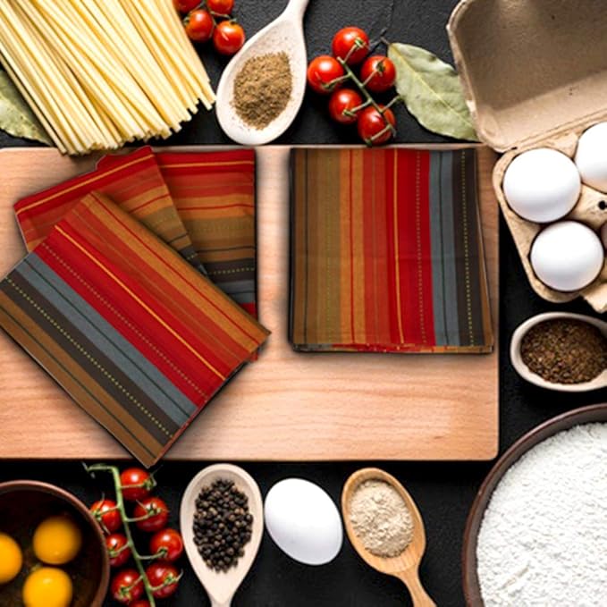 Urban Villa Kitchen Towels, Cuisine Stripes,Premium Quality,100% Cotton Dish Towels,Mitered Corners,Ultra Soft (Size: 20X30 Inch), Red Multi, Highly Absorbent Bar Towels & Tea Towels - (Set of 3)
