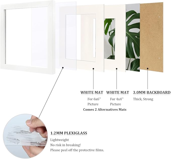 Egofine 8x8 Picture Frame 4PCS, Made of Solid Wood Covered by Plexiglass Display 4x4/6x6 with Mat or 8x8 without Mat, for Table Top Display and Wall Mounting Photo Frame, White with Texture