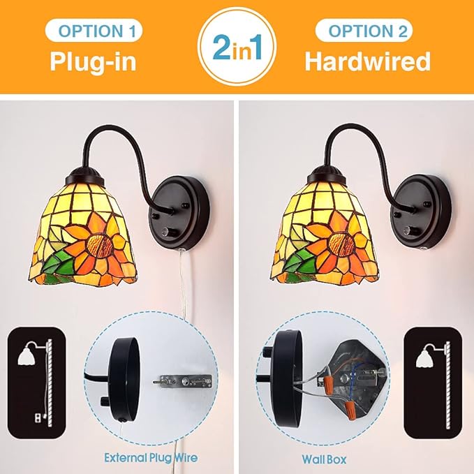 Tiffany Bedside Wall Mount Lamp with Dimmable Switch, Industrial Vintage Gooseneck Wall Sconce with Plug in Cord, Flowers Stained Glass Shade Wall Light Perfect for Bedroom, Living Room and Hotel