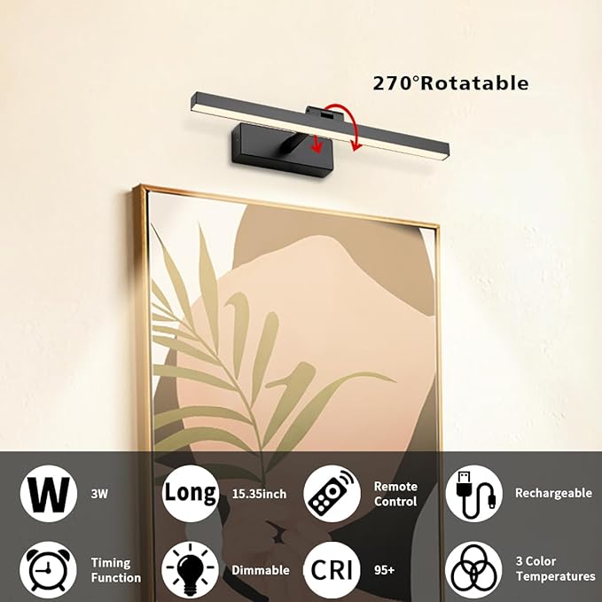 Joosenhouse Wireless Picture Light Battery Operated Gallery Light with Remote Control Rechargeable Wall Lights Black 15.35" Dimmable and Timed Off Wall Sconce Light