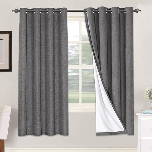H.VERSAILTEX Linen Blackout Curtains 72 Inches Long 100% Absolutely Blackout Thermal Insulated Textured Linen Look Curtain Draperies Anti-Rust Grommet, Energy Saving with White Liner, 2 Panels, Grey
