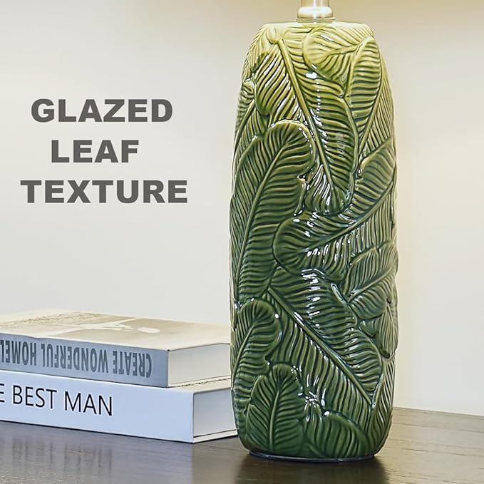 25" Modern Green Ceramic Table Lamp with White Linen Shade – Leaf Embossed Base, Soft Glow Bedside Lamp for Bedroom, Living Room, Office Decor