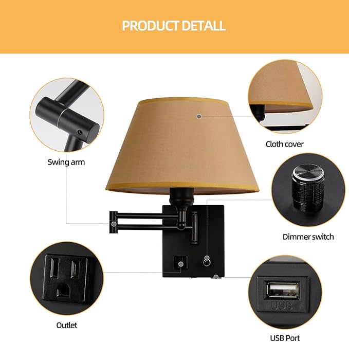 Swing Arm Wall Sconces, Plug-in Wall lamp,Bedroom Wall lamp ， White Fabric Shade with dimmable Switch and USB Charging Port,Suitable for Bedside,Living Room,Reading (Black. Gold Shadow)