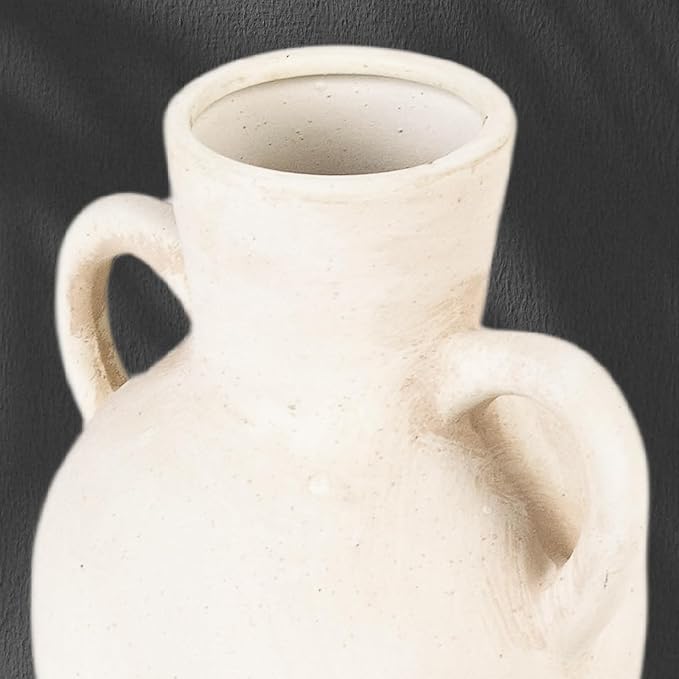 Rustic Ceramic Farmhouse Flower Vase with 2 Handles, Whitewashed Terra Cotta Vase, Decorative Pottery Flower for Home Decor, Table, Living Room, Shelf Decor, 7.3 Inch, White