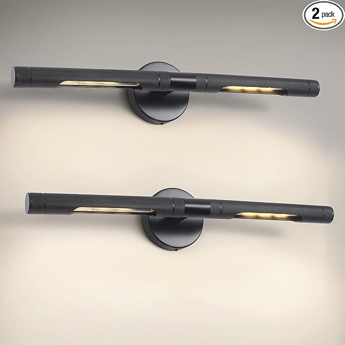 Hardwired Black Picture Light for Wall,23.6 Inch Knurled Wall Lights for Pictures Set of 2,Rotatable 360° Modern Gallery Light for Living Room Bathroom Study Room, E12 Bulbs Included