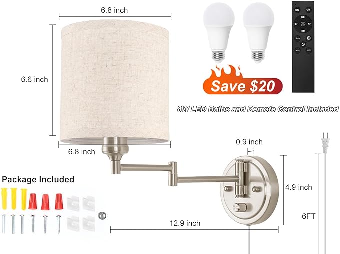 Plug in Wall Sconces with Remote Control, Dimming & Adjustable Colors 2700K-6500K, Hardwire or Plug-in, Swing Arm Wall Lamp with Linen Fabric Shade, Wall Sconces Set of Two, Brushed Nickel Finish