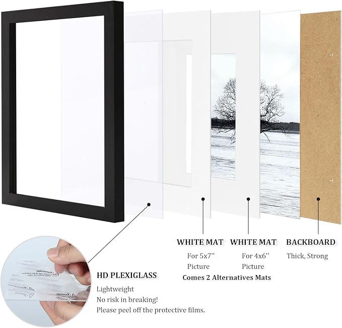 Egofine 8x10 Picture Frames 4PCS, Made of Solid Wood Display 4x6 and 5x7 with Mat Covered by Plexiglass, for Table Top Display and Wall Mounting Photo frame, Black with Texture