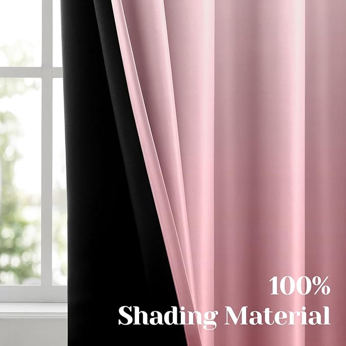 HOMEIDEAS Pink 100% Ombre Blackout Curtains for Bedroom, 52 X 96 Inches Long Room Darkening Gradient Light Blocking Thermal Insulated Grommet Drapes for Living Room, 2 Panels