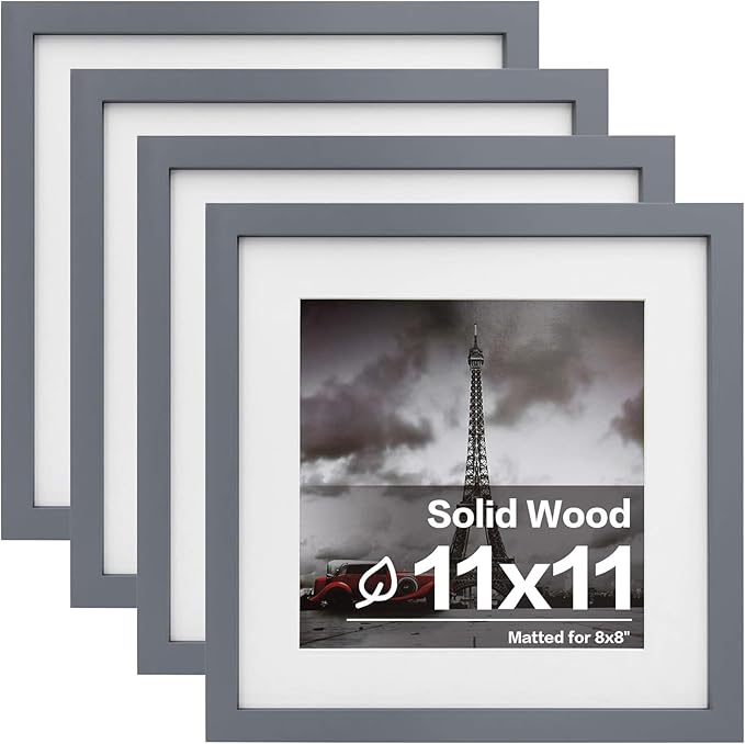 Egofine 11x11 Grey Picture Frames 4 Pack Display Pictures 4x4/8x8 with Mat or 11x11 Without Mat Made of Solid Wood for Table Top Display and Wall Mounting Photo Frame, Dark Grey