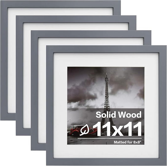 Egofine 11x11 Grey Picture Frames 4 Pack Display Pictures 4x4/8x8 with Mat or 11x11 Without Mat Made of Solid Wood for Table Top Display and Wall Mounting Photo Frame, Dark Grey