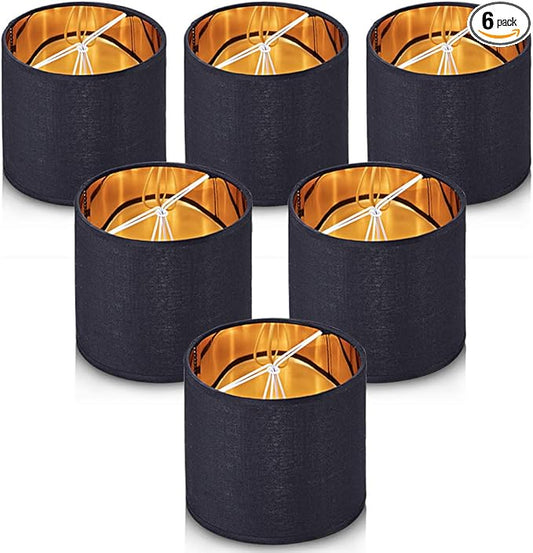 Wellmet Lamp Shades,Small Chandelier Shades ONLY for Candle Bulbs,Clip-on Drum Lampshades,Set of 6, 5.5"x 5.5"x5",Black Gold