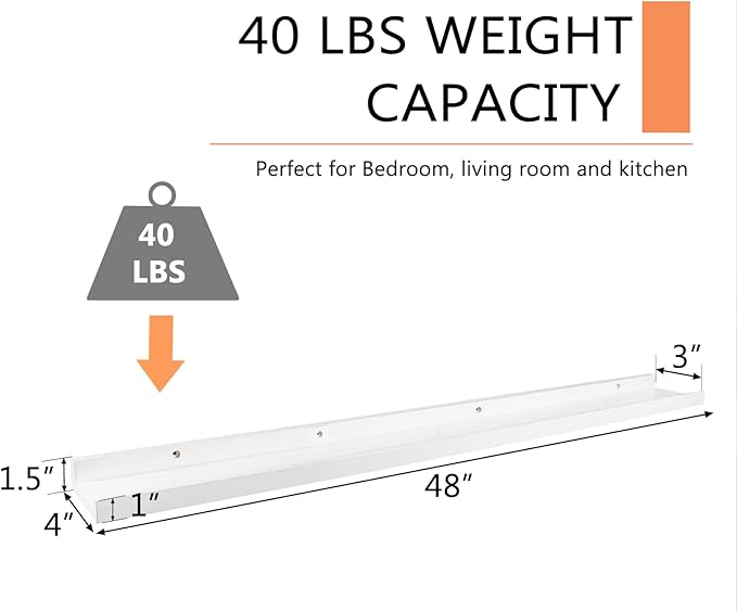 48 Inch White Long Floating Shelves Wall Mounted, Solid Oak Wood Shelf for Storage, Modern Picture Ledge Shelf for Bedroom Living Room Bathroom Kitchen, 48 * 4 * 1.5 (1 Pack)