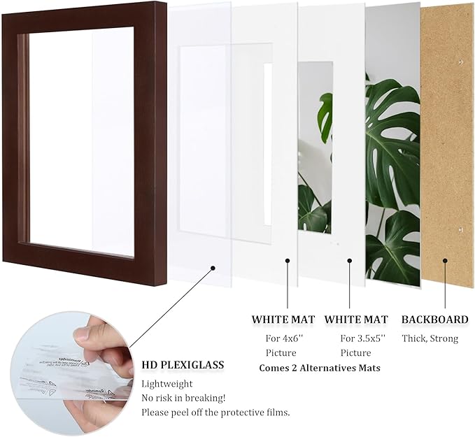 Egofine 5x7 Picture Frames Made of Solid Wood with Plexiglass, Display Pictures 3.5x5/4x6 with Mat or 5x7 Without Mat Set of 4 for Tabletop and Wall Mounting, Walnut Color