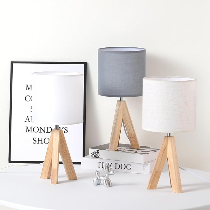 Table Lamp,Small Tripod Desk Lamp with Linen Fabric Lampshade,14.9",Tri-Color 5W Wooden Table Lamp for Living Room,Kids Room,Nursery (White)