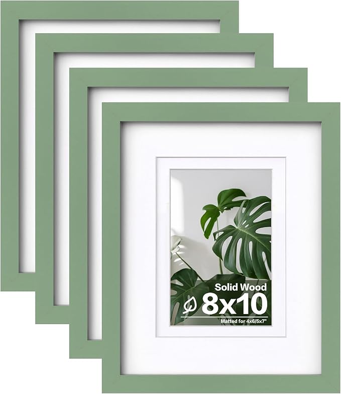 Egofine 8x10 Picture Frames 4PCS, Made of Solid Wood Display 4x6 and 5x7 with Mat Covered by Plexiglass, for Table Top Display and Wall Mounting Photo frame, Green