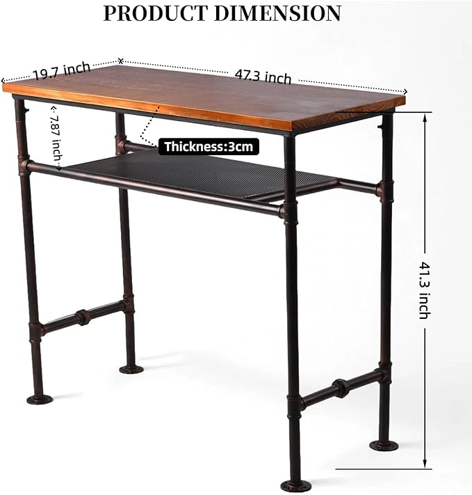Industrial Rectangle Bar Table for 4-5 People 41.3inch Height Rustic Pipe Design Dining Table Office Meeting Computer Desk Narrow Display Stand in Hallway with 2 Tier Storage