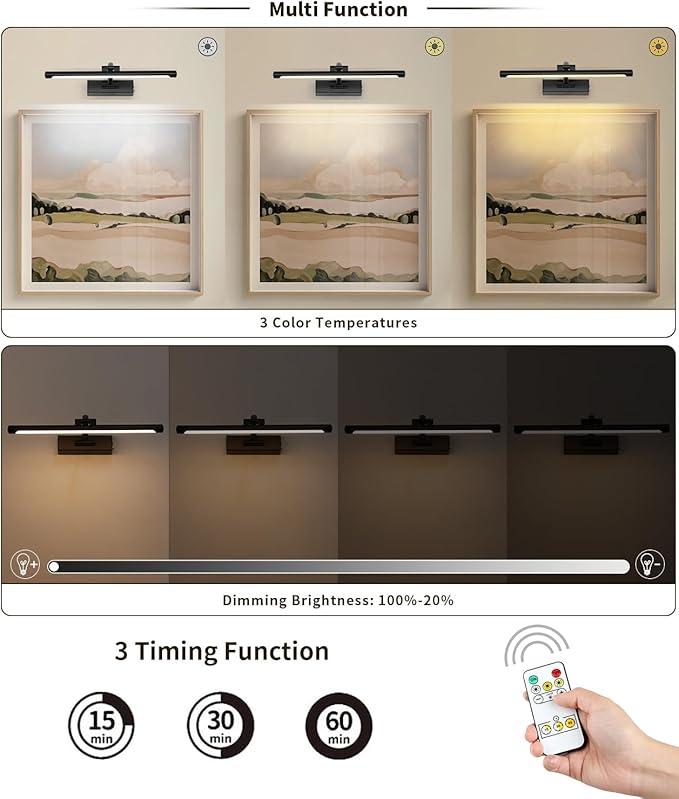 JUSHENG Black Picture Light Battery Operated 15.75'' Inch, Rechargeable Gallery Lighting with Swing Arm and Dimmable Function, Full Metal Wireless Painting Lights for Display, Portrait, Artwork 3W