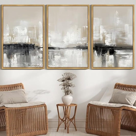 KUVIOKE Abstract Gray Framed Wall Art Neutral Brown Artwork Painting Morden Minimalist Wall Decor Rustic Home Decor 24x36in (Natural Framed)