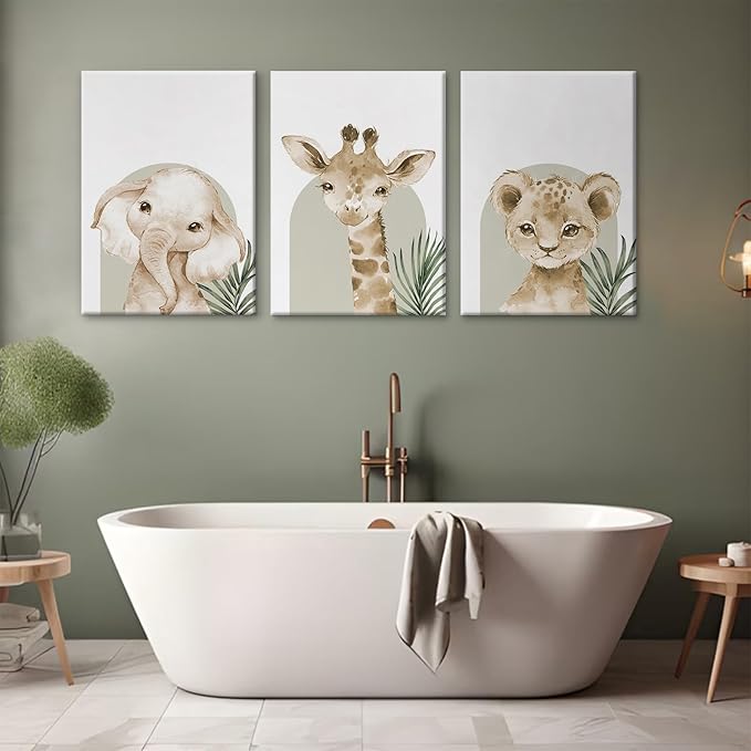 Animal Wall Art Pictures Baby Nursery Canvas Wall Art Decor Safari Animal Prints Jungle Kids Wall Art Woodland Nursery Wall Decor Giraffe Jungle Poster for Room 12x16 Inch Framed Set of 3