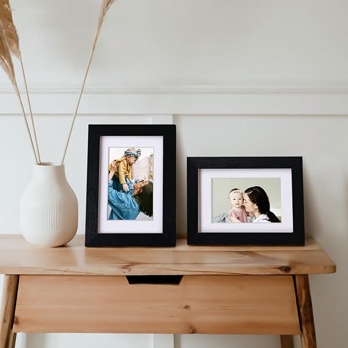 Egofine 4x6 Picture Frames 4PCS Covered by Plexiglass for Picture 3x4.5/3.5x5 with Mat or 4x6 whitout Mat Made of Solid Wood for Table Top Display and Wall Mounting Photo Frame, Black with Texture