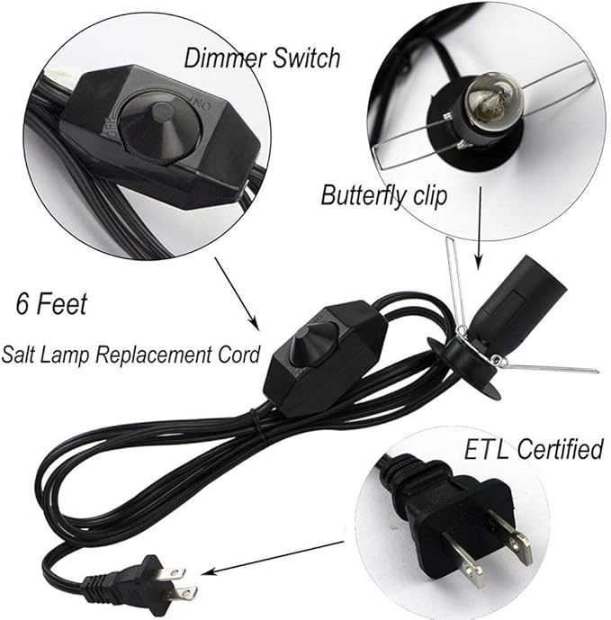 2-Pack Salt Lamp Cord Replacement with Dimmer Switch 5 feet Lamp Cord and 6-Pack Halogen Salt Lamp Bulbs(15 Watts)