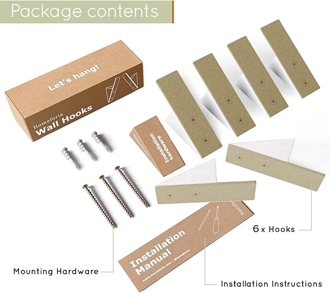 Homeforia Gold Wall Coat Hooks, High End White Wood & Gold Metal Wall Mounted Clothing Hook, Mid-Century Modern Clothes Hooks, Heavy Duty Wooden Hook for Hanging Coats, Hats, Towels & More, Set of 6