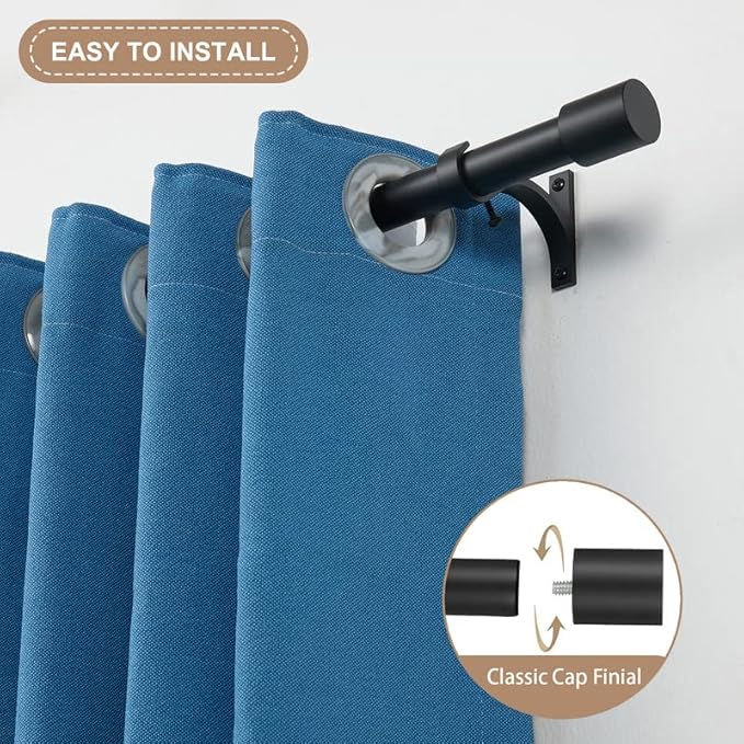 Matte Black Decorative Curtain Rods 28-50" with Cap Finials, Adjustable 1-Inch Window Treatment Rods