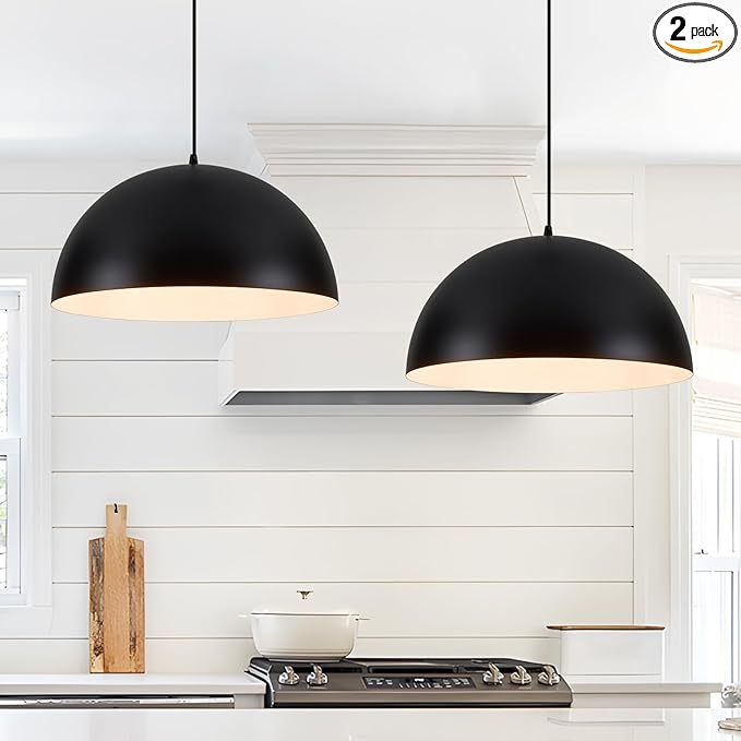 Industrial Pendant Lighting for Kitchen Island, 16 Inch Black and White Metal Dome Pendant Light Fixtures, Farmhouse Hanging Light Fixture E26 Base for Dining Room Foyer Entryway Cafe, 2 Pack