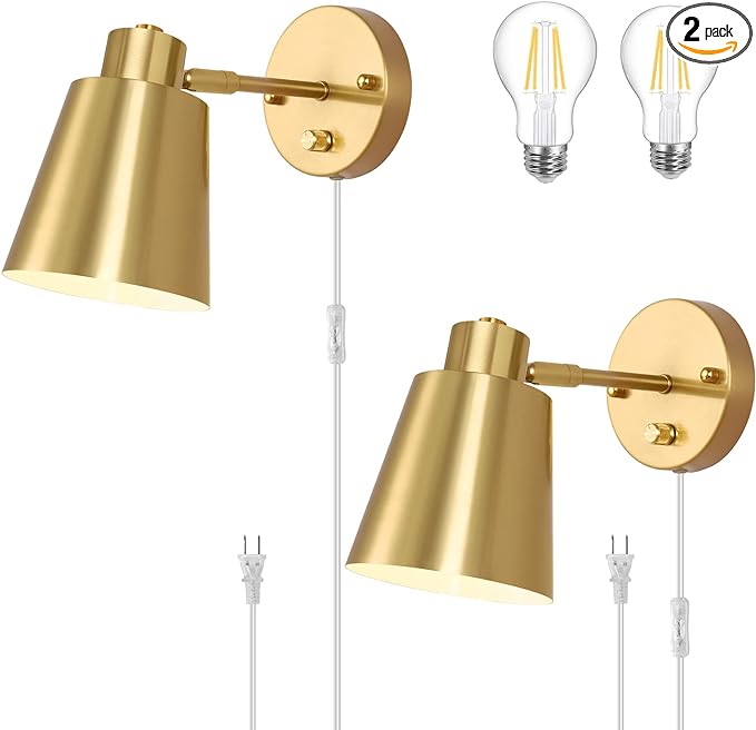 Plug in Wall Sconces, Dimmable Wall Sconces Adjustable Angle Wall Lights with Plug in Cord and Dimmer On/Off Knob Switch, Gold Wall Mounted Light for Bedroom Bedside Stairway(2 Pack, 2 Bulbs)
