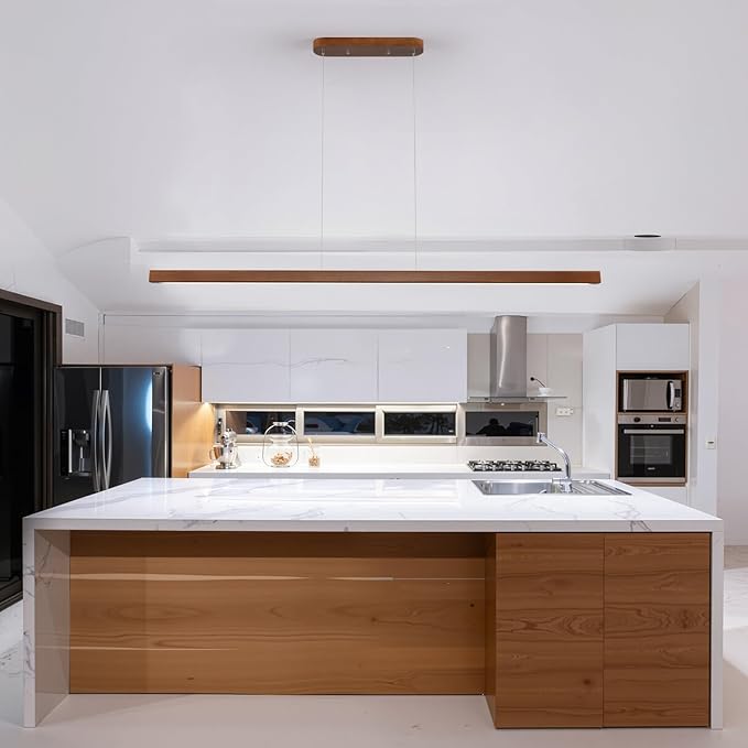 71" Walnut Wood Linear Pendant Light Dimmable LED Chandelier 40w Remote Adjustable Hanging Height Modern Farmhouse Minimalist Fixture for Kitchen Island Dining Room & Bar
