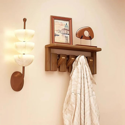 Wall Mounted Piano Key Hanger | Flip Style Hook | Entrance Wall Art Hook, Made of Oak Wood (3 Times Painted, 4 Times Polished) (Tray Walnut, 4Hooks)