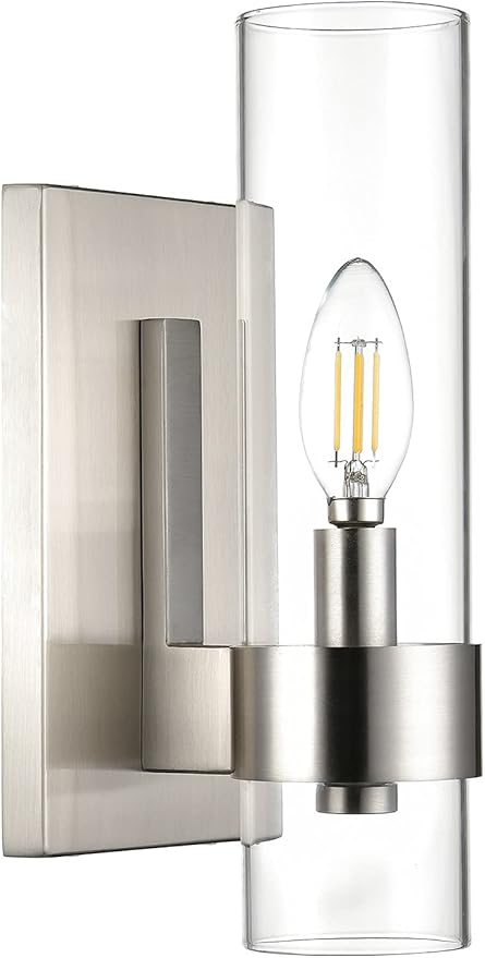 Linea di Liara Teramo Farmhouse Brushed Nickel Wall Sconce Wall Lighting Modern Bathroom Wall Sconces Wall Lights for Hallway and Bedroom Wall Sconce Lighting Fixture - Clear Glass Shade